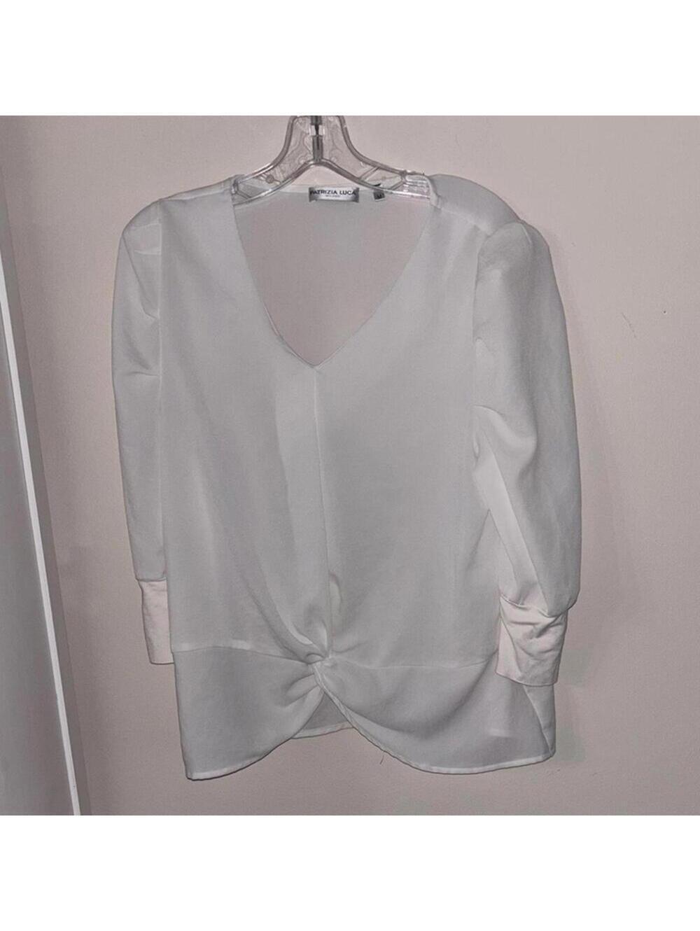 Patrizia Luca White V Neck Long Sleeve Blouse Shirt Minimal Neutral Staple Work